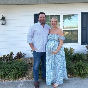 Blue Floral Off-Shoulder Maternity Dress